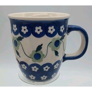 Polish Boleslawiec Green Blue Floral Mug Hand Painted 3.75” Tall
